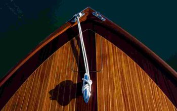 Overhead view of the bow of classic varnished motor yacht.